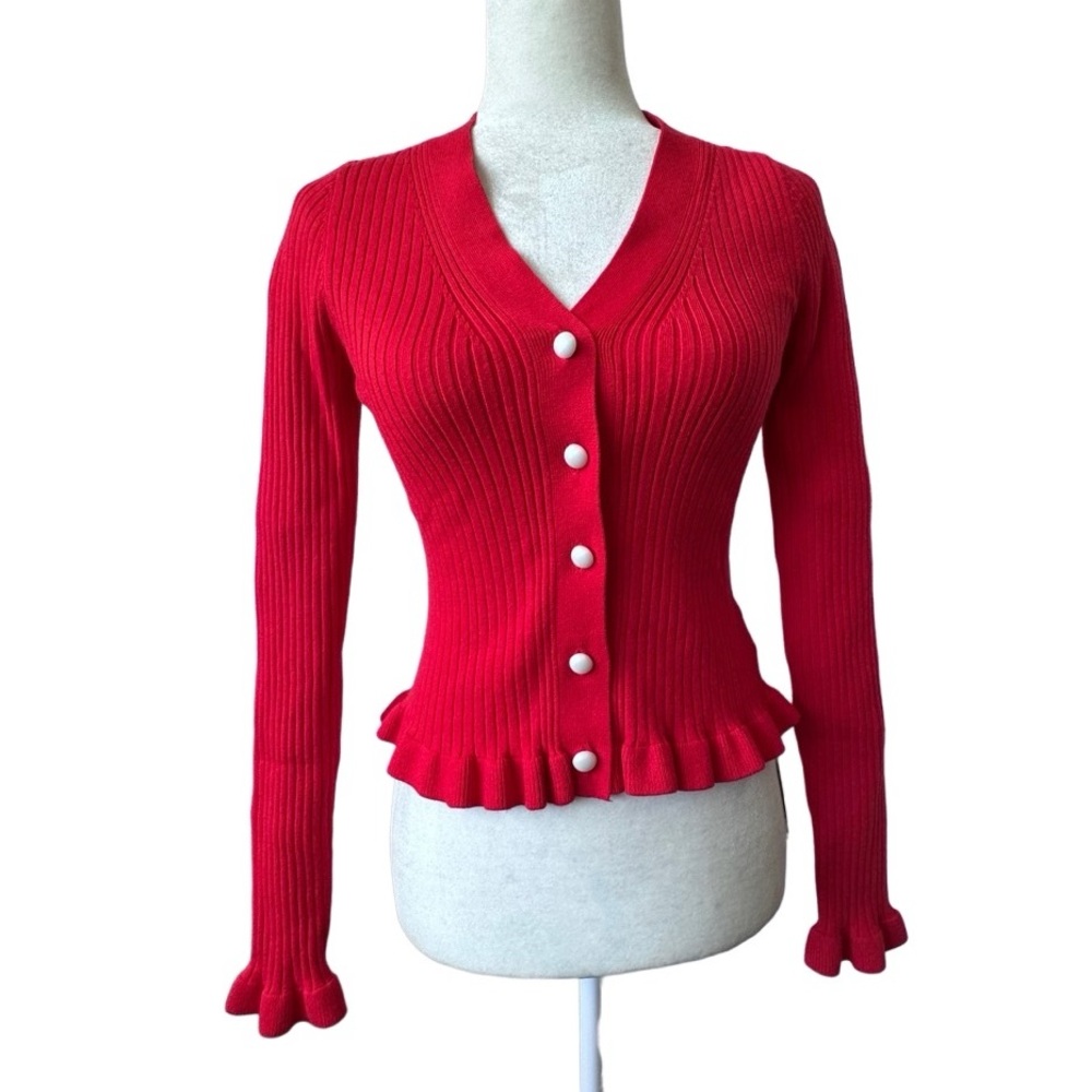 Commense Red Cardigan Ruffled Trim Pearl Button Long Sleeve SZ M NWT - Picture 3 of 12